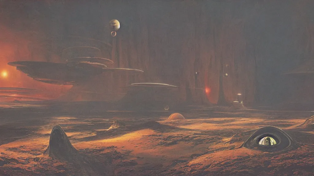 Image similar to otherworldly atmosphere of the first spaceship on venus by arthur haas and bruce pennington and john schoenherr, cinematic matte painting