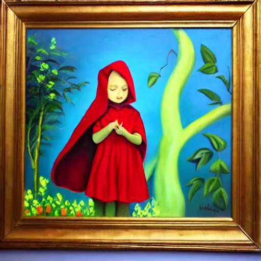 Image similar to oil painting of little red riding hood gazing up at brugmansia suaveolens flowers