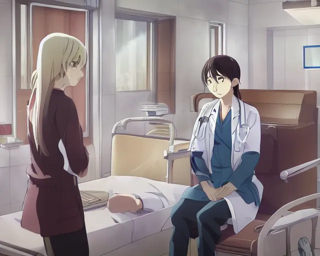 Image similar to a cute young female doctor wearing white coat are talking with an old surgeon in a hospital, slice of life anime, lighting, anime scenery by Makoto shinkai