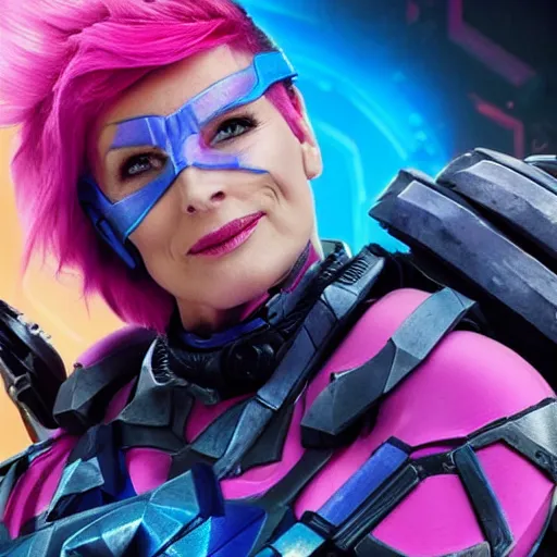 Prompt: jane lynch has pink hair and plays zarya from overwatch in a new live action film with zarya ’ s blue armor, hands resting on hips, stage lighting, 3 5 mm, symmetrical, photoshoot