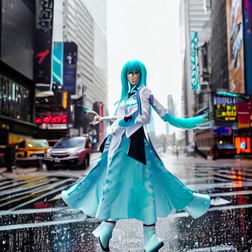 Image similar to hatsune miku cosplayer walking down a rainy new york city street, ef 8 5 mm f 1. usm