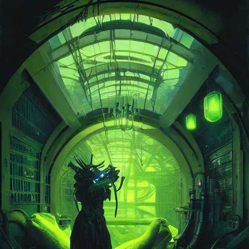 Image similar to menacing aggressive black slimy creature made out of needles, inside a gas station, aggressive harsh bright fluorescent industrial green/blue lighting, extremely detailed digital matte painting buy Greg Rutkowski and Alphonse Mucha