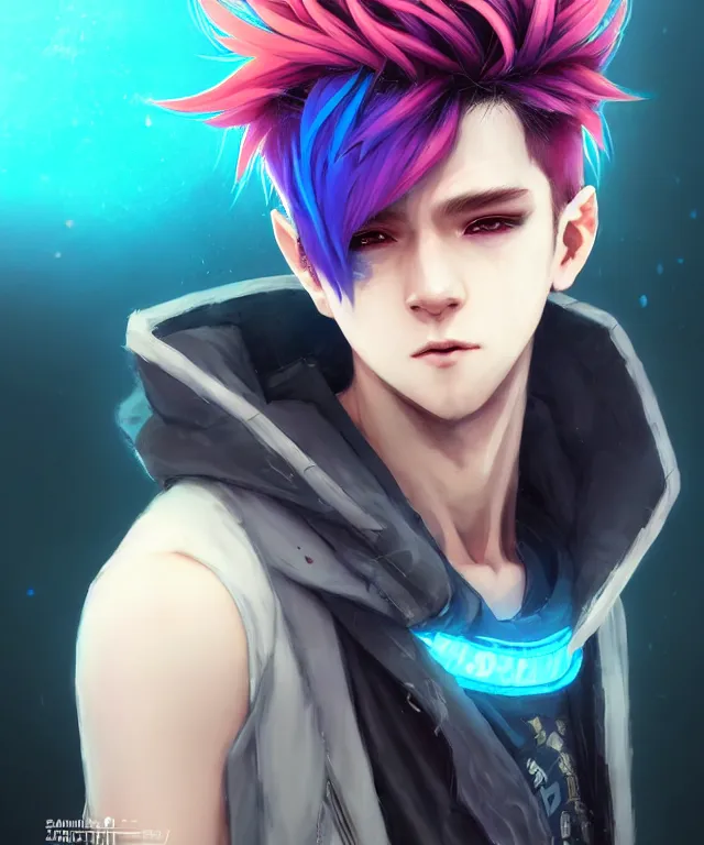 Image similar to character concept art of a cute cyberpunk boy with colorful hair and wolf ears and freckles | | cute - fine - face, pretty face, key visual, realistic shaded perfect face, fine details by stanley artgerm lau, wlop, rossdraws, james jean, andrei riabovitchev, marc simonetti, and sakimichan, trending on artstation