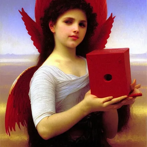 Image similar to Angel crying on top of a red ocean cube, oil painting by William-Adolphe Bouguereau