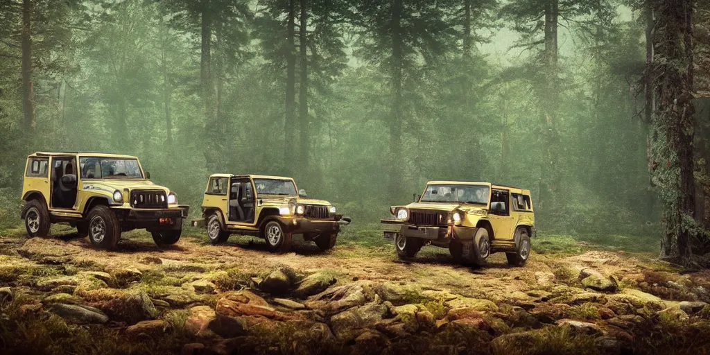 Image similar to Mahindra thar, in the forest, plants environment, wide angle, cinematic lighting, atmospheric, realistic, cinematic, octane render, highly detailed, color graded, in the style of simon stalenhag