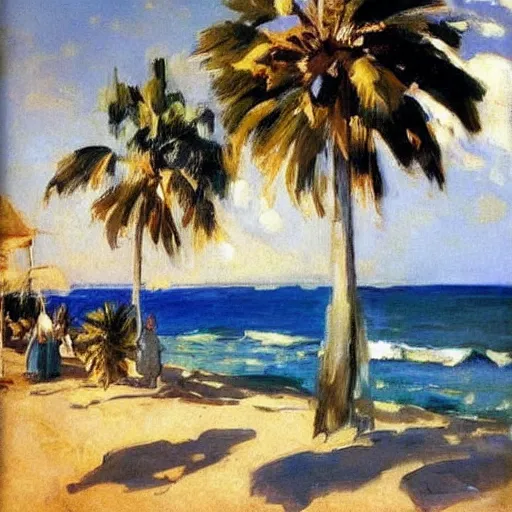 Prompt: painting by joaquin sorolla of palm trees by the coast