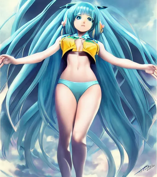 Prompt: Anime art of beautiful Hatsune miku with beautifel legs by artgerm, rossdraws, magali villeneuve, Gil Elvgren, Alberto Vargas, Art Frahm, Enoch Bolles