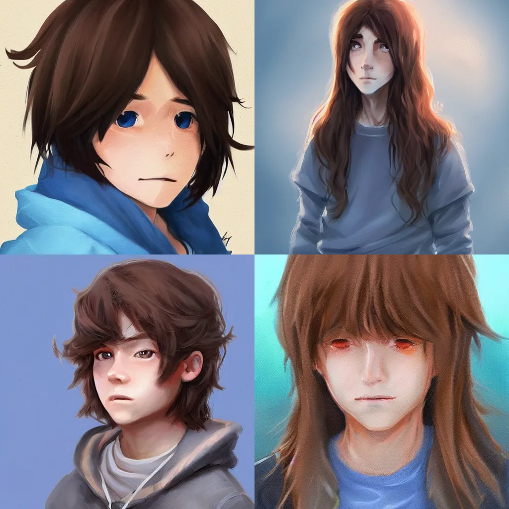 Prompt: concept art portrait of a boy with long fluffy brown hair down to his shoulders, blue eyes, brown hoodie, blush. painterly digital art, artstation, deviant, anime, studio ghibli