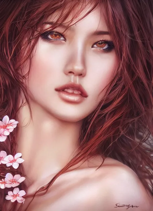 Image similar to photo of a gorgeous female with messy hair in the style of stefan kostic, realistic, body shot, sharp focus, 8 k high definition, insanely detailed, intricate, elegant, art by stanley lau and artgerm, cherry blossoms