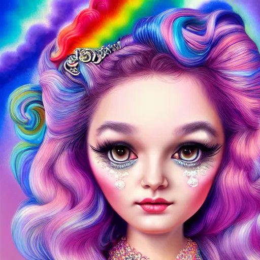 Image similar to a portrait the divine goddess of feminism, rosey cheeks, sparkles on eyelids, long rainbow hair highly detailed, ultra realistic digital painting, rococo, artstation, concept art, pop, smooth, sharp focus, illustration, art by mark ryden and lisa frank 3 d 8 k ultra detailed