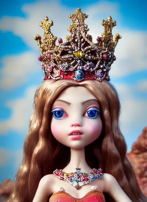 Image similar to highly detailed closeup, profile portrait of a tin toy fairytale princess wearing a crown, bikini, unreal engine, nicoletta ceccoli, mark ryden, earl norem, lostfish, global illumination, detailed and intricate environment