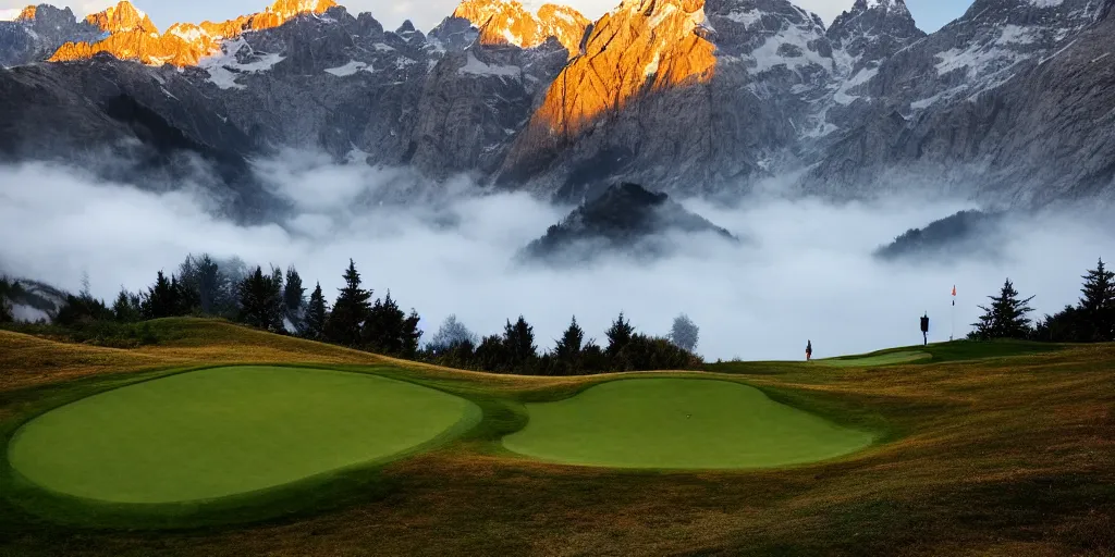 Image similar to a great photograph of the most amazing golf hole in the world, perfect light, steep drop, in the swiss alps, high above treeline, ambient light, 5 0 mm, golf digest, top 1 0 0, fog