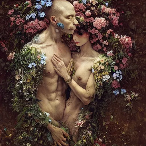 Image similar to two bodies entwined, covered by flowers, by arcimboldo, greg rutkowski