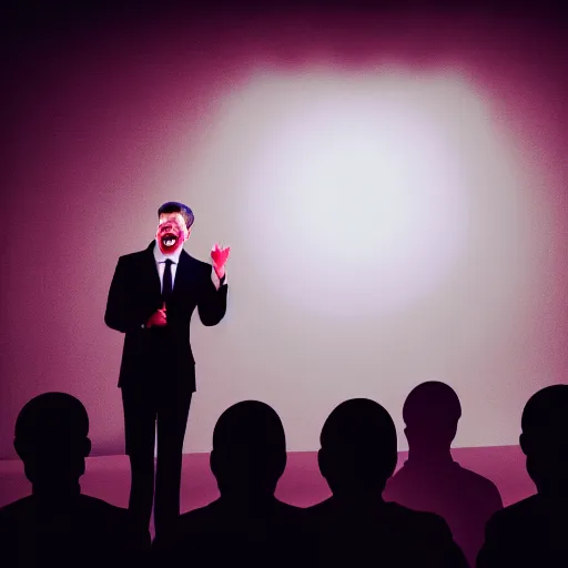 Prompt: a realistic illustration photo from the backstage of a politician giving a speach to a crowd in a theather, theres are strings attached to the politician being controled by a creature in the shadows laughing mischievously, people don't seme to notice an cherish the spaeker, wide lens, volumetric lighting,