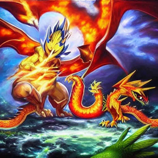 Image similar to pokemon fight a dragon. oil painting. large scale. highly detailed.