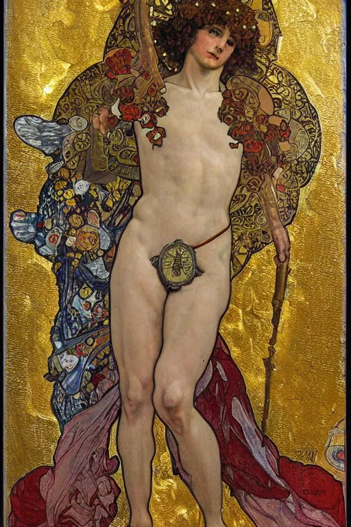 Image similar to a full body portrait of saint michael the archangel oil painting cross between the styles of alphonse mucha and gustav klimt gold leaf, intricate detailed,