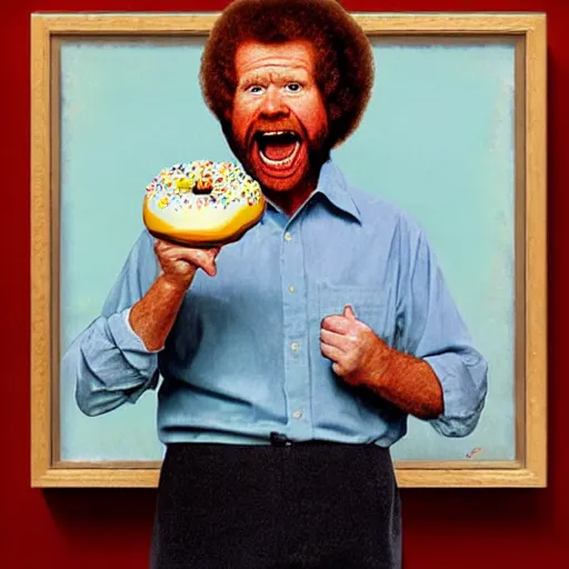 Image similar to bob ross screaming at a donut by norman rockwell