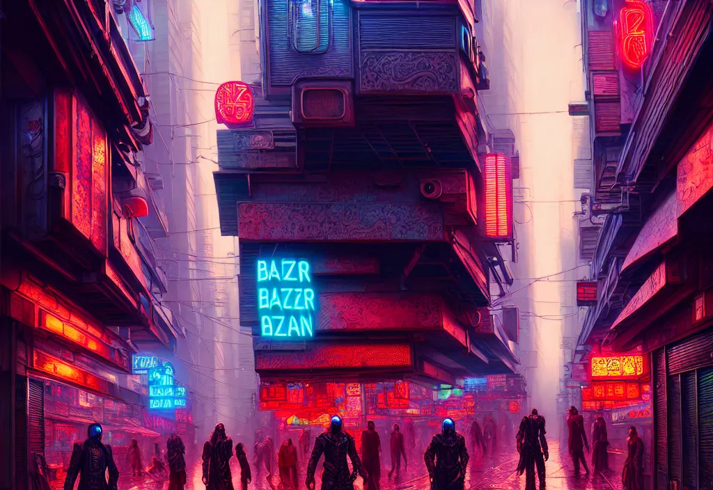 Image similar to a highly detailed bazaar street in the cyberpunk megacity of new washington, amazing cyberpunk digital painting, by gerald brom, brom digital art, intricate details, ultra realistic, beautiful art, volumetric lighting, by art germ, by brom, rule of thirds, trending cgsociety, artstation, warm colors advance cool colors recede, neon lights, crowded, 8 k