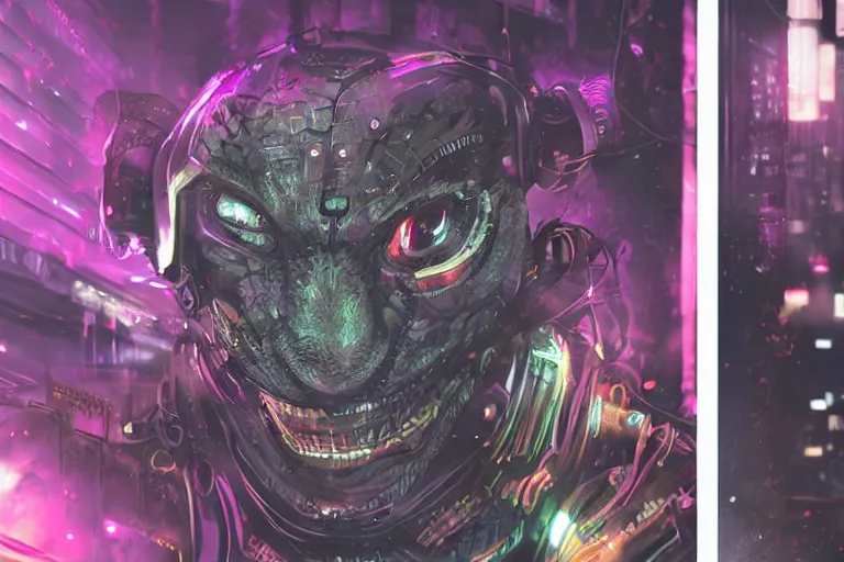 Prompt: a video call from a dragon with a highly detailed face. cyberpunk color scheme and theme.