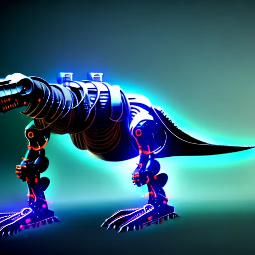 Image similar to an illustration of the full body of a cyberpunk robotic t-rex, we can see 2 legs and 2 extended arms, photorealistic, bokeh, 3D, unreal engine