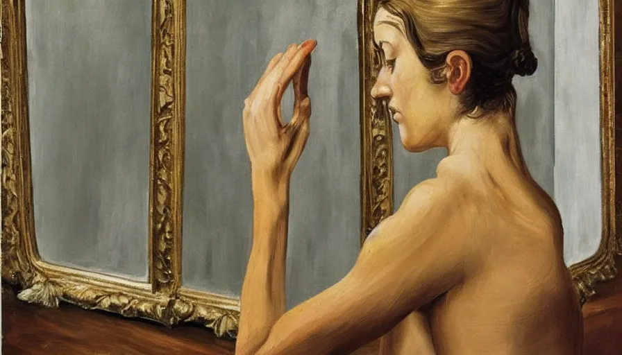 Image similar to painting by lucien freud, young woman in front of the mirror, detailed, stunning