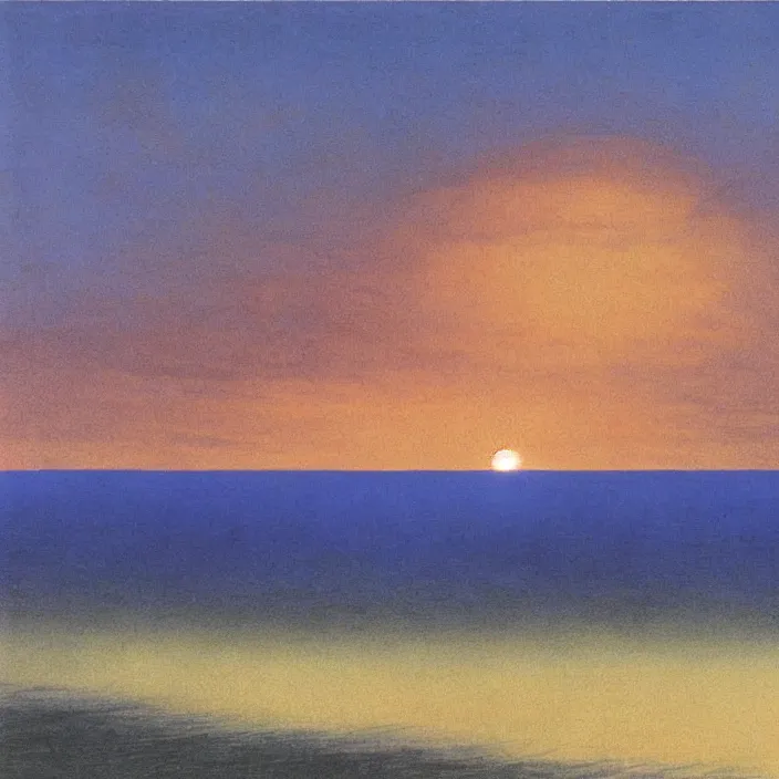 Image similar to the first blue color getting out of the primordial ocean to walk on land. sunset through the clouds. codex seraphinianus. painting by yves tanguy, caspar david friedrich, moebius, walton ford, rene magritte