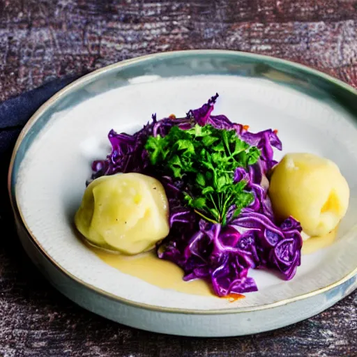 Prompt: Red cabbage with potato dumplings