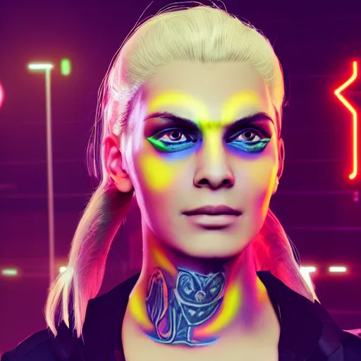 Prompt: Sonia Gandhi, neon face tattoo, cyberpunk background, straight hairstyle, white eyes, blonde hair, realistic render, short hair, unreal engine render, Icaro Carvalho