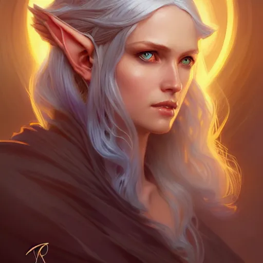 Image similar to half elf sorceress, D&D, blue eyes, blonde hair, fantasy, intricate, elegant, highly detailed, digital painting, artstation, concept art, smooth, sharp focus, illustration, art by artgerm and greg rutkowski and alphonse mucha