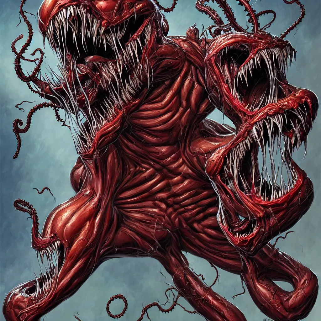 Prompt: anatomically acurate full body long shot venom from marvel comics!!!!, large mouth with teeth, lovecraftian horror!, surrealism, fantasy, intricate, elegant, highly detailed, digital painting, artstation, concept art, matte, sharp focus, illustration, art by glenn fabry