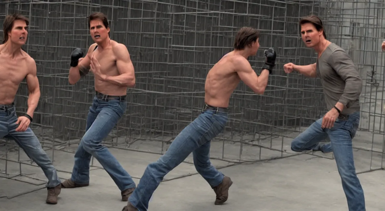 Image similar to Tom Cruise clones in Cage fight, photorealistic