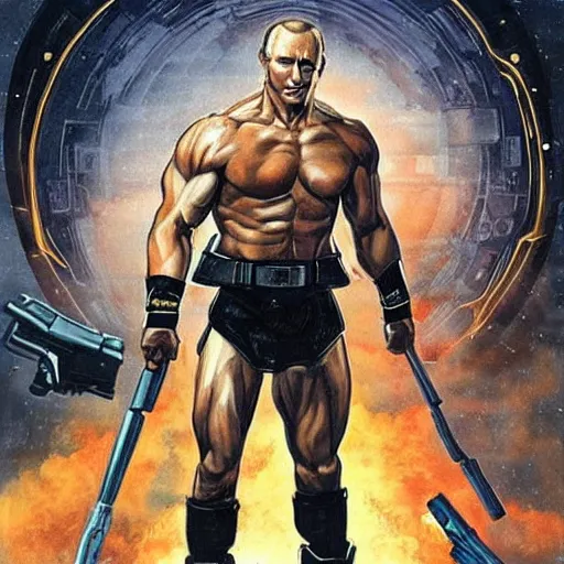 Prompt: A very muscular Vladimir Putin with a futuristic weapon in his hands, against the background of fighting against aliens, detailed style, super quality.