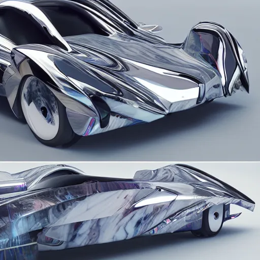 Image similar to concept car with wings and iridescent paint, octane, grandure, highly detailed, reflective marble floor