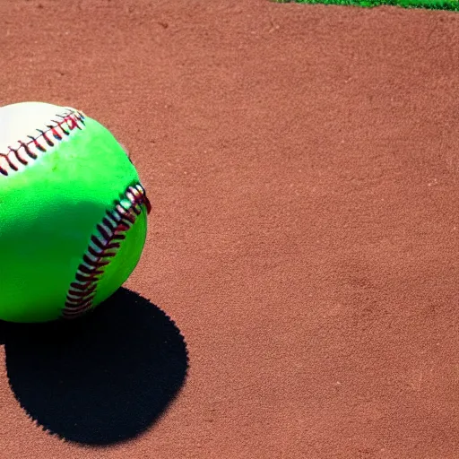 Prompt: a baseball with green seams surrounded by fruit, 4k