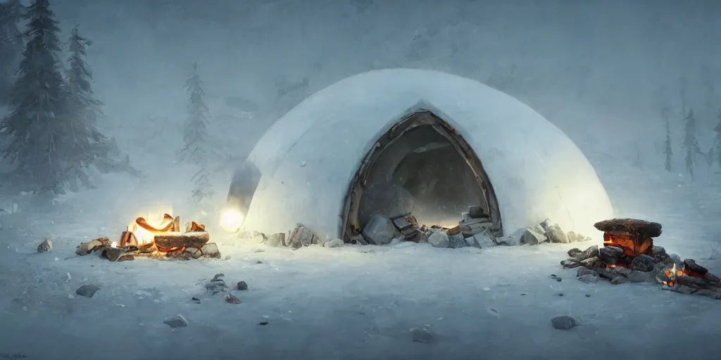 Image similar to an igloo in the tundra, with a campfire near the entrance, mysterious matte painting by ruan jia and craig mullins, trending on artstation