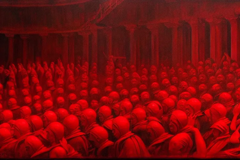 Image similar to only with red, crowd screaming, an exposed painting in a roman theater, in the style of beksinski, parts by edward hopper, parts by rodcenko, parts by yue minjun, intricate and epic composition, red by caravaggio, insanely quality, highly detailed, masterpiece, red light, artstation, 4 k