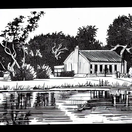 Image similar to black and white comic of a farmhouse beside a lagoon