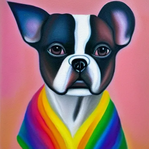 Prompt: a little dog going on a rainbow, oil painting, post modern, hyperrealism