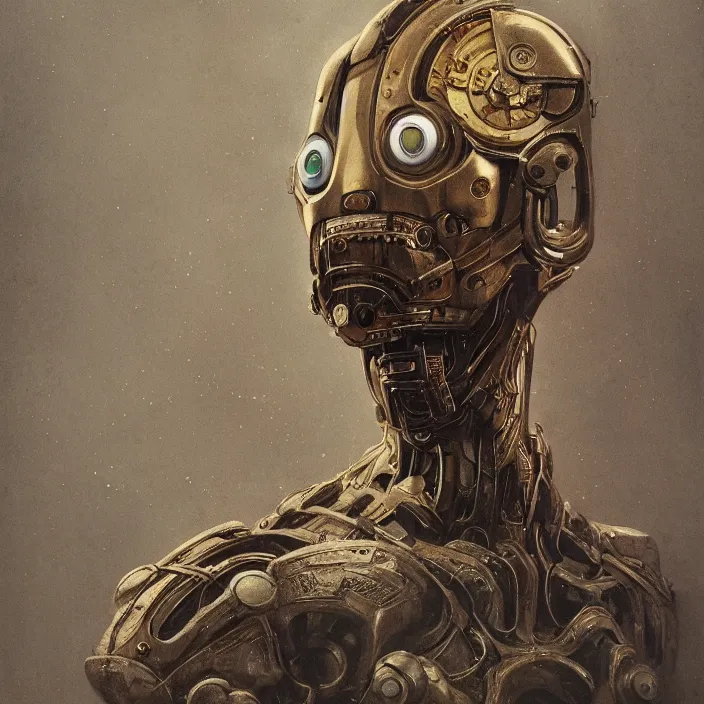 Prompt: portrait of a brass Ultron from Age of Ultron, clockwork steampunk, by Beksinski, trending on artstation, 4k