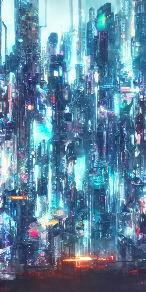 Prompt: hd photo of futuristic paintings displayed on big screen in cyberpunk city, enormously detailed, digital painting style of Jeszika Le Vye