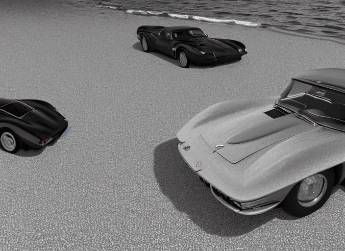 Image similar to hyperrealism, detailed textures, photorealistic 3 d render, a dreamy beach in cuba, a 1 9 6 4 split window corvette obsidian black, sharp focus, ultra realistic, ultra high pixel detail, cinematic, intricate, cinematic light, concept art, illustration, art station, unreal engine 8 k