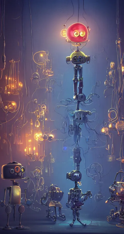 Image similar to a beautiful tapestry of a dream, a small robot standing, ultra detailed, dark, steampunk, moody, candles, neon signs, characters from machinarium, by don bluth, trending on artstation, octane render