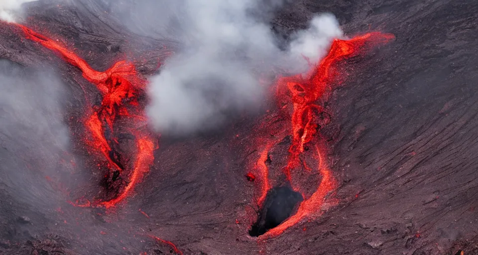 Image similar to a volcano made of ivory vines and crimson rocks enters in eruption, it spits a smoke in the shape of demonic eye, by Yoshitaka Amano,