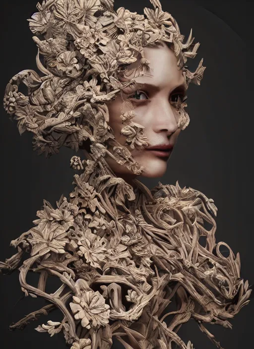 Prompt: sculpture made of wood, portrait, female, future, wood, tree, harper's bazaar, vogue, magazine, insanely detailed and intricate, concept art, close up, ornate, luxury, elite, elegant, trending on artstation, by ruan jia, by Kenneth Willardt, by ross tran, by WLOP, by Andrei Riabovitchev,