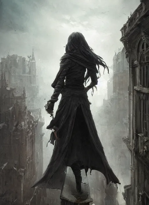 Prompt: a teenage girl with short dark hair and a tattered grey cloak. she stands on top of a building in a gothic fantasy city. beautiful painting by greg rutkowski