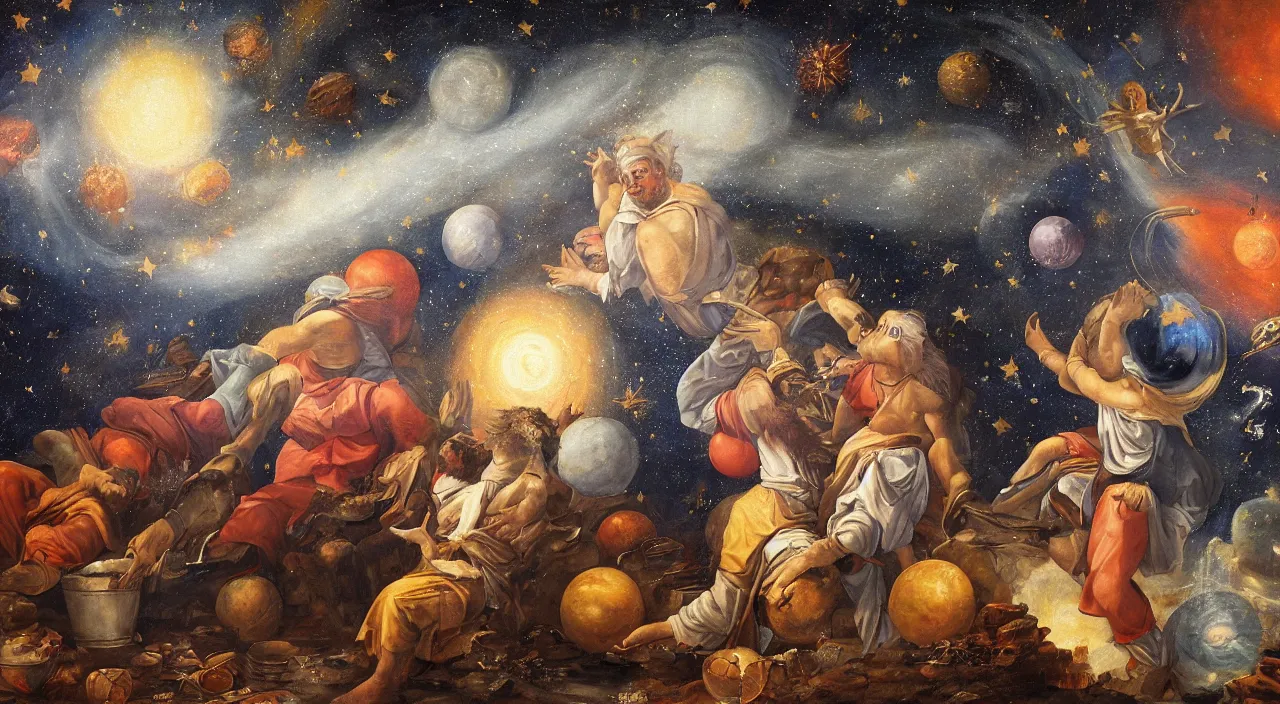 Prompt: Michal Angelo painting of god putting away planets and stars in a bucket. 8k resolution, mural.