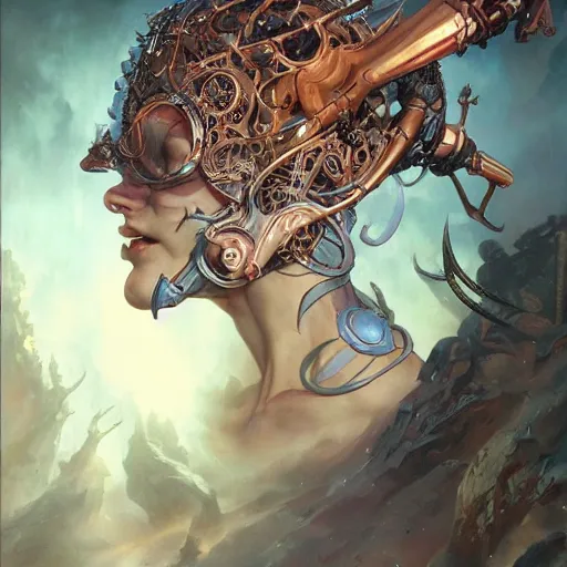 Image similar to beautiful evil fantasy character portrait, ultra realistic, cyborg, wide angle, intricate details, ninja artifacts, highly detailed by peter mohrbacher, hajime sorayama, wayne barlowe, boris vallejo, aaron horkey, gaston bussiere, craig mullins