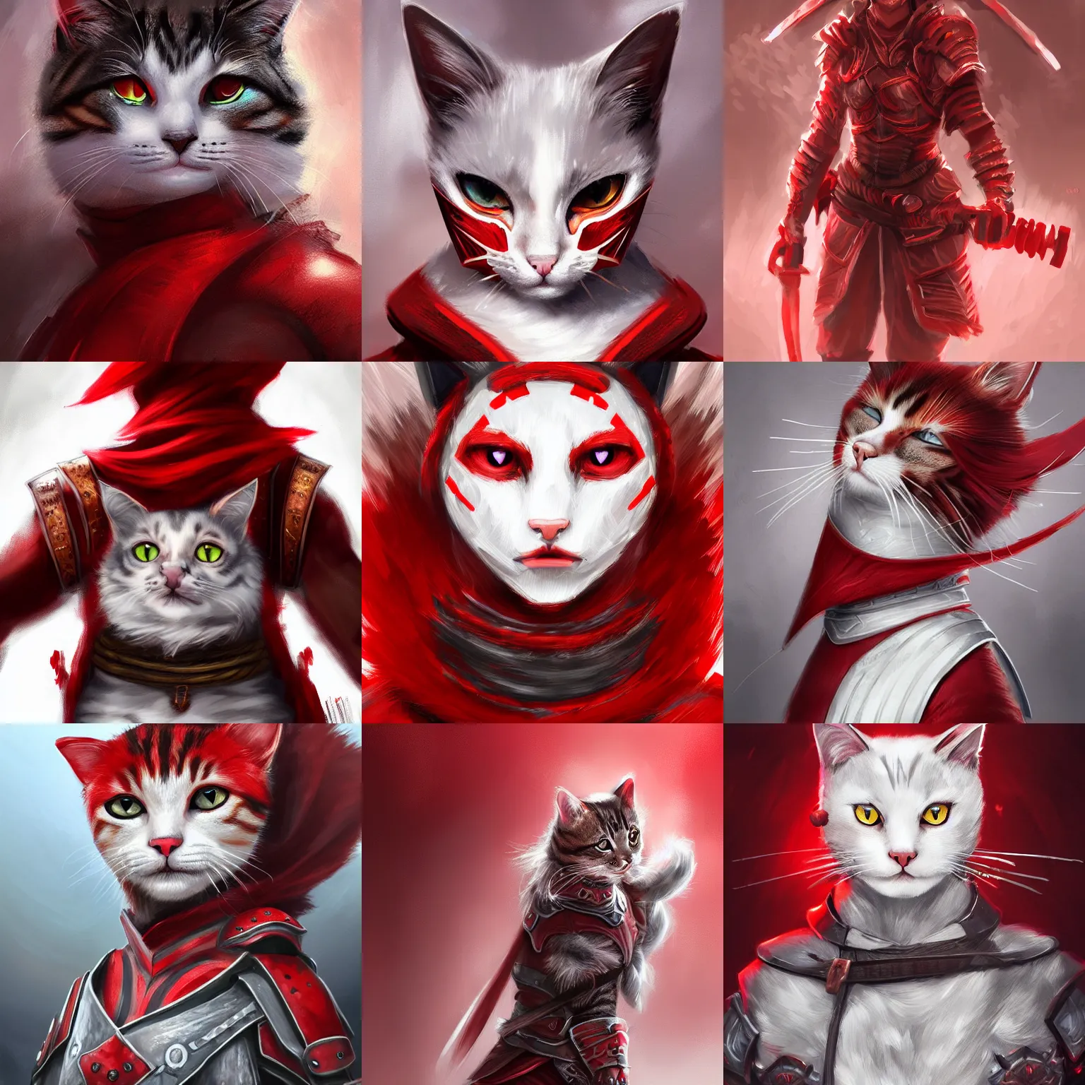 Prompt: portrait of a cat warrior in red and white clothing, armored. bloom, lighting. dark fantasy, digital painting, hd, 4 k, detailed.