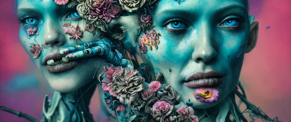 Prompt: hyperrealistic hyper detailed neo-surreal close-up 35mm side portrait of cyborg covered in rococo flower tattoos matte painting concept art hannah yata very dramatic dark teal lighting low angle hd 8k sharp shallow depth of field