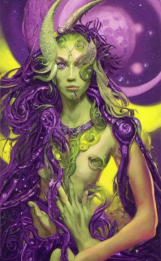 Prompt: portrait of princess of the dreamlands and moon beast, beautiful! coherent! by brom, vibrant colors, yellow purple green black